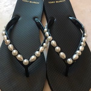 Tory Burch Black Sandals with Pearl Accents